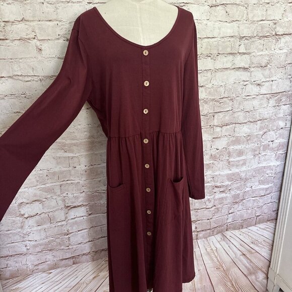 OUGES Womens Shift Dress V Neck Button Front Burgundy Pockets Size XXL NEW - Picture 4 of 9
